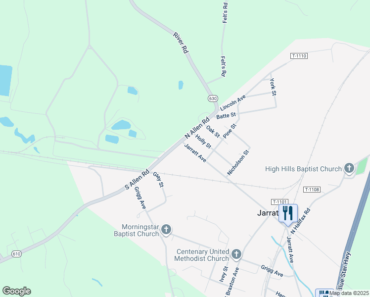 map of restaurants, bars, coffee shops, grocery stores, and more near 413 Jarratt Avenue in Jarratt