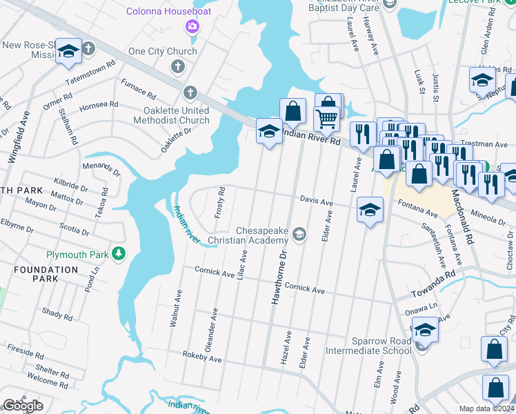 map of restaurants, bars, coffee shops, grocery stores, and more near 1210 Lilac Avenue in Chesapeake