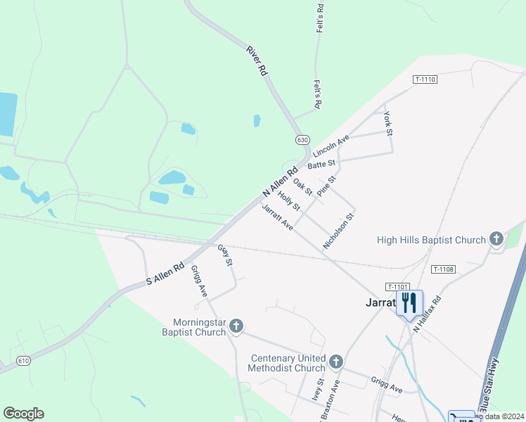 map of restaurants, bars, coffee shops, grocery stores, and more near 413 Jarratt Avenue in Jarratt