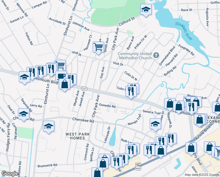map of restaurants, bars, coffee shops, grocery stores, and more near 50 Colin Drive West in Portsmouth