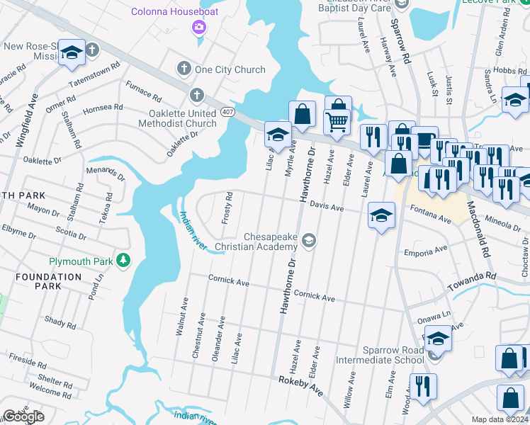 map of restaurants, bars, coffee shops, grocery stores, and more near 1210 Lilac Avenue in Chesapeake
