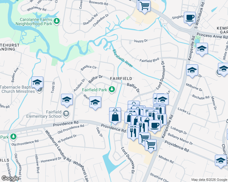 map of restaurants, bars, coffee shops, grocery stores, and more near 725 Rosaer Circle in Virginia Beach