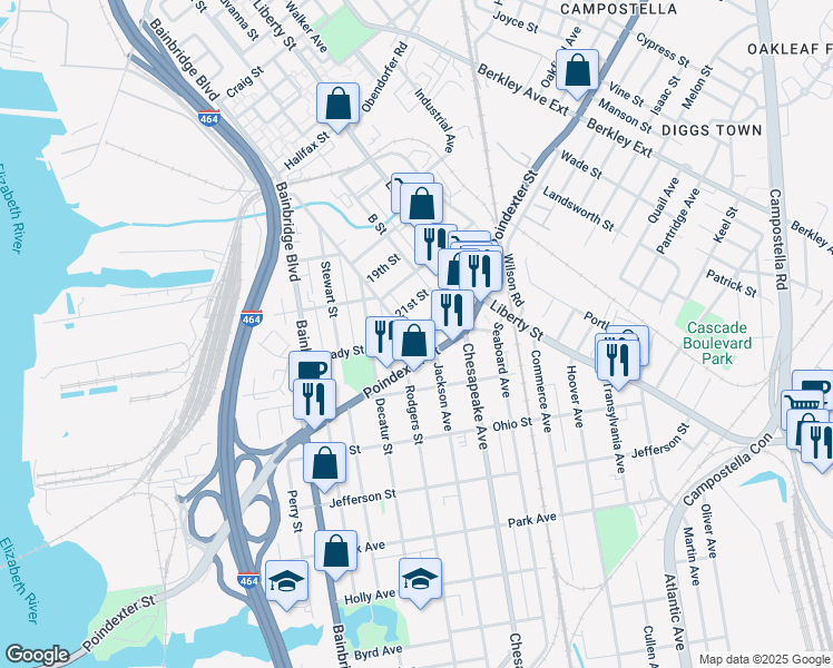 map of restaurants, bars, coffee shops, grocery stores, and more near 901 D Street in Chesapeake