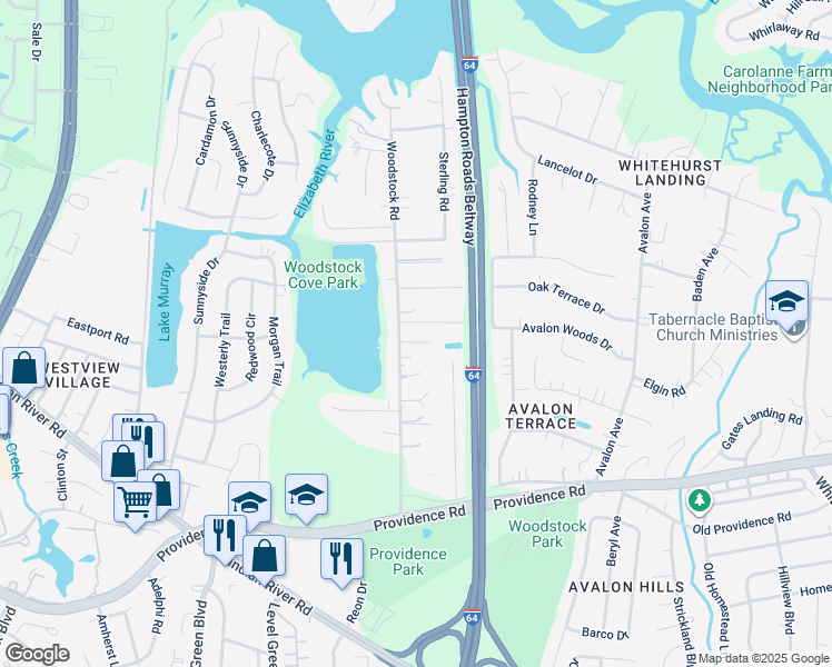 map of restaurants, bars, coffee shops, grocery stores, and more near 728 Woodstock Road in Virginia Beach