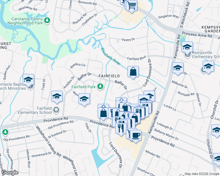 map of restaurants, bars, coffee shops, grocery stores, and more near 725 Rosaer Circle in Virginia Beach