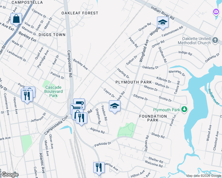 map of restaurants, bars, coffee shops, grocery stores, and more near 2607 Berkley Avenue in Chesapeake