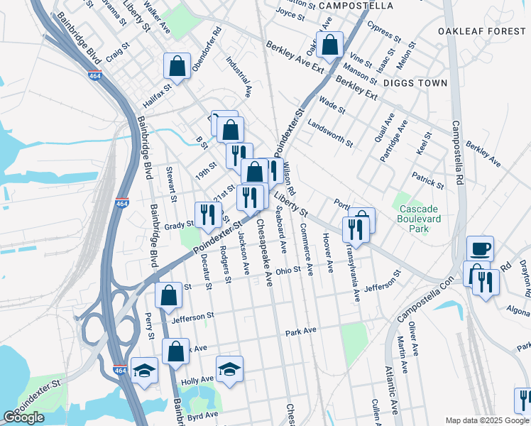 map of restaurants, bars, coffee shops, grocery stores, and more near 1408 Poindexter Street in Chesapeake