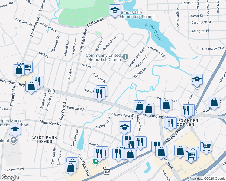 map of restaurants, bars, coffee shops, grocery stores, and more near 20 Greeneland Boulevard in Portsmouth