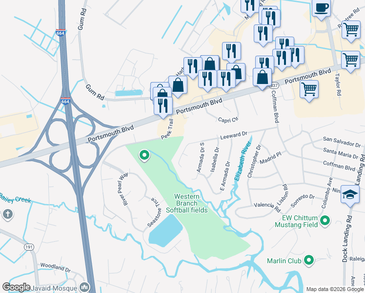 map of restaurants, bars, coffee shops, grocery stores, and more near 4632 Leeward Drive in Chesapeake