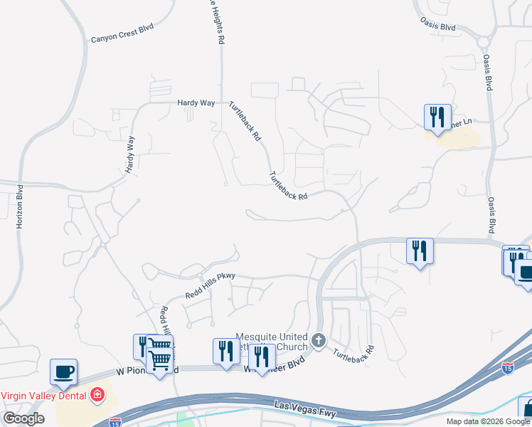 map of restaurants, bars, coffee shops, grocery stores, and more near 539 Via Ventana Drive in Mesquite
