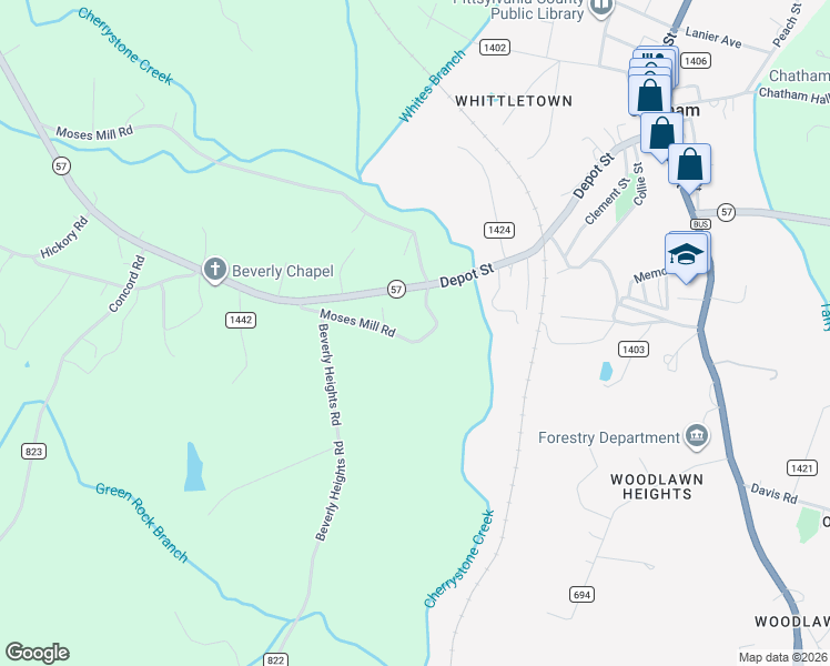 map of restaurants, bars, coffee shops, grocery stores, and more near 421 Moses Mill Road in Chatham