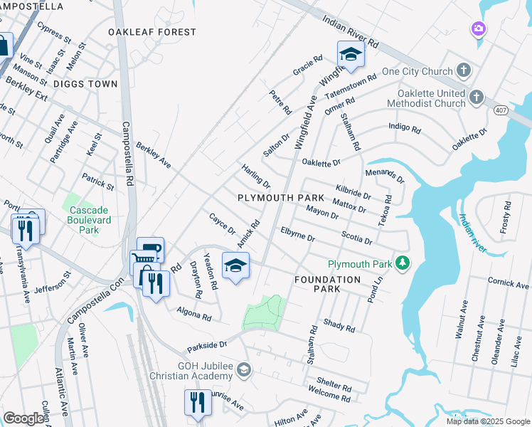 map of restaurants, bars, coffee shops, grocery stores, and more near 607 Amick Road in Chesapeake