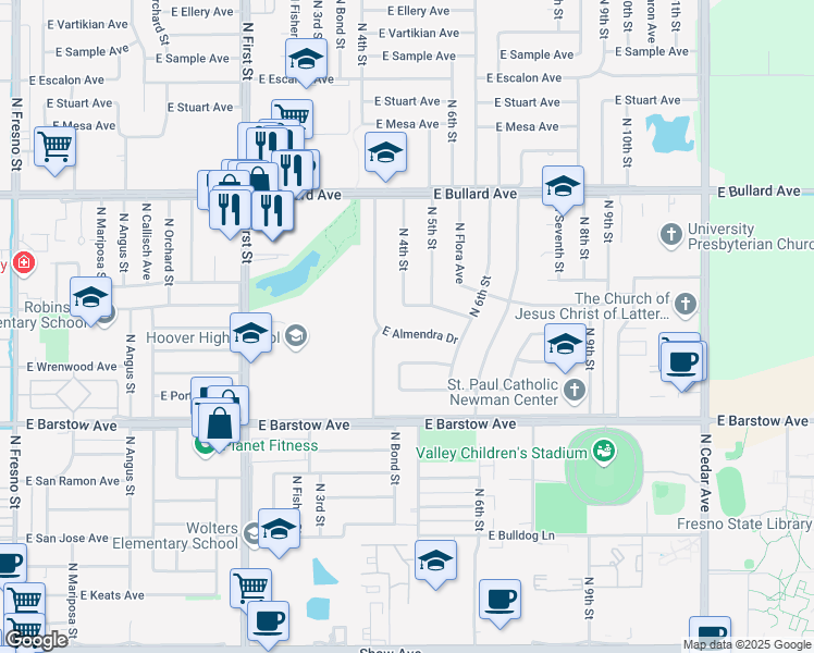 map of restaurants, bars, coffee shops, grocery stores, and more near 1284 East Almendra Drive in Fresno