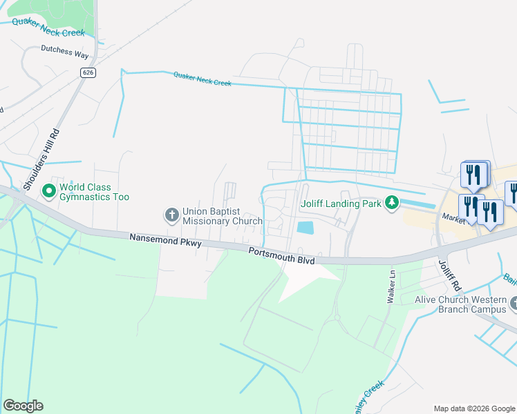 map of restaurants, bars, coffee shops, grocery stores, and more near 5128 Lombard Street in Chesapeake