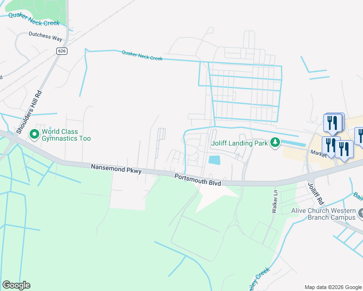 map of restaurants, bars, coffee shops, grocery stores, and more near 5125 Delancey Street in Chesapeake