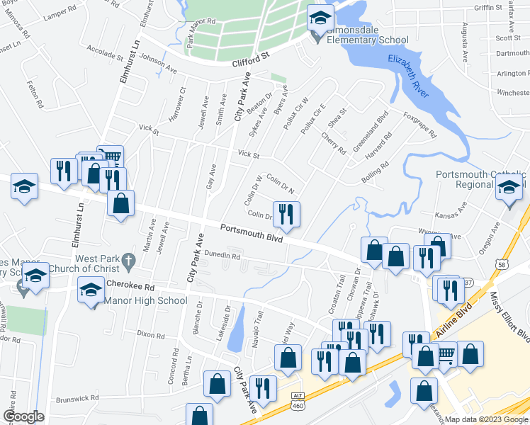 map of restaurants, bars, coffee shops, grocery stores, and more near 12 Colin Drive South in Portsmouth