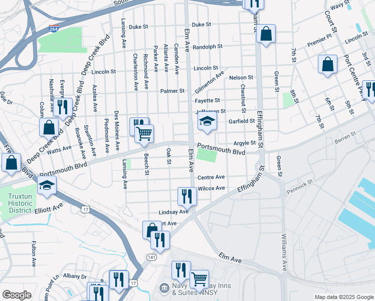 map of restaurants, bars, coffee shops, grocery stores, and more near 2602 Elm Avenue in Portsmouth