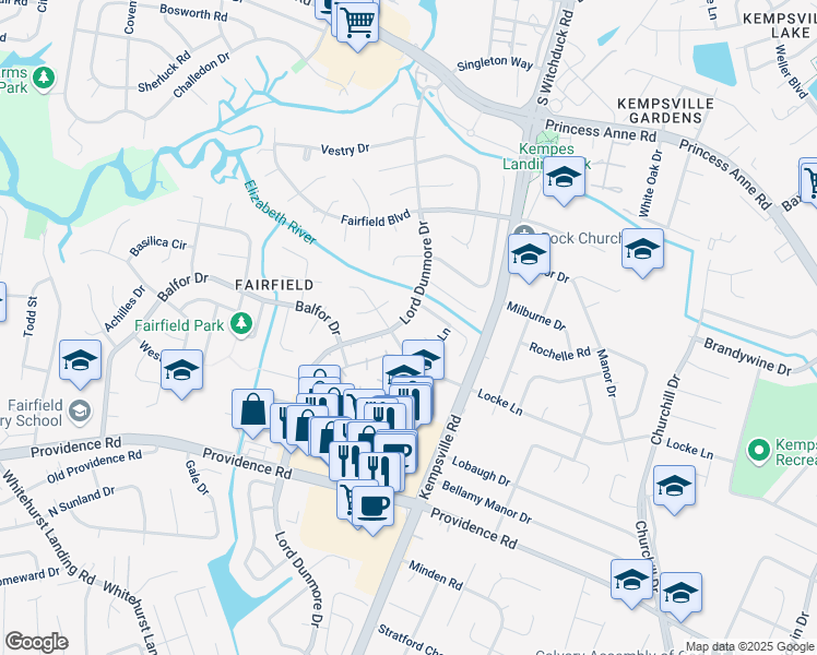 map of restaurants, bars, coffee shops, grocery stores, and more near 640 Lord Dunmore Drive in Virginia Beach