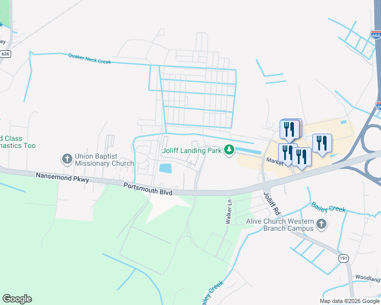 map of restaurants, bars, coffee shops, grocery stores, and more near Silverberry Drive in Chesapeake