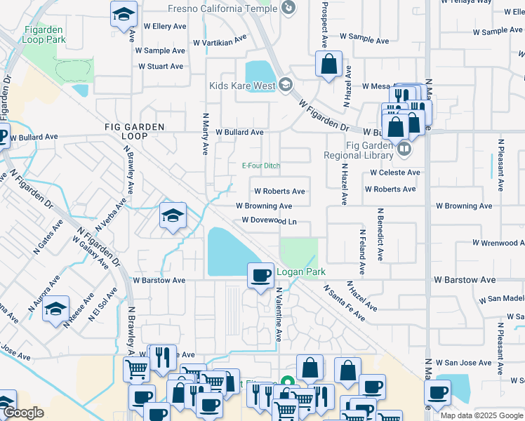 map of restaurants, bars, coffee shops, grocery stores, and more near 3473 West Browning Avenue in Fresno