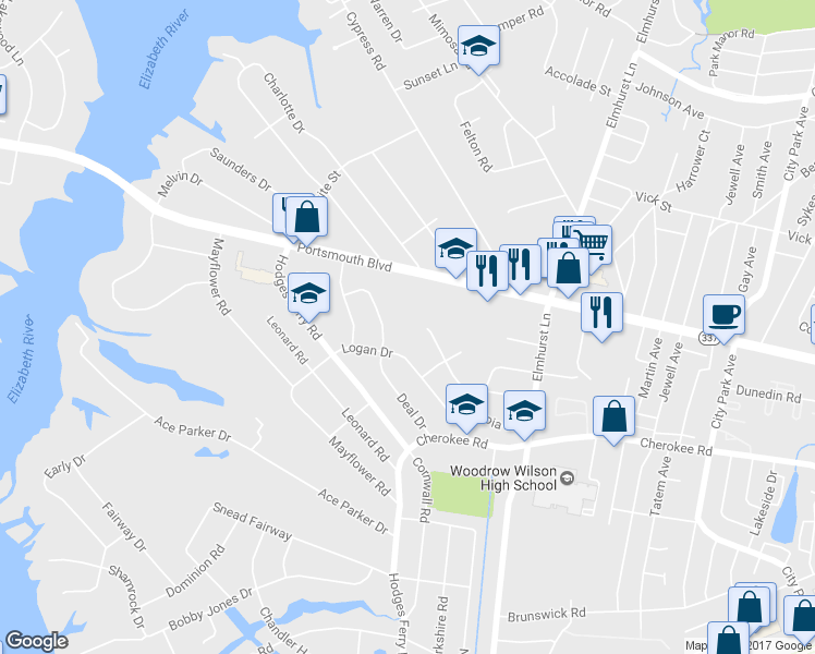 map of restaurants, bars, coffee shops, grocery stores, and more near 103 Sequoia Road in Portsmouth