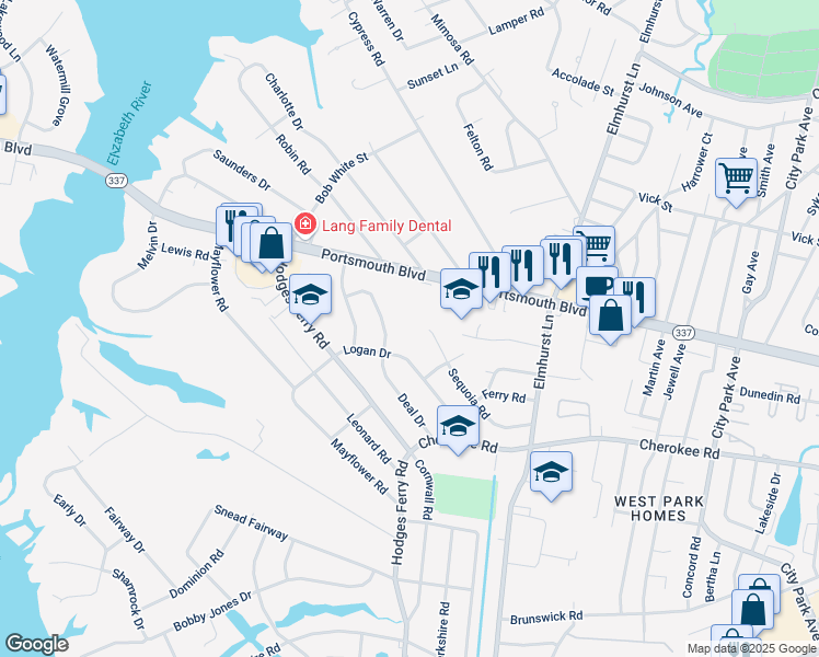 map of restaurants, bars, coffee shops, grocery stores, and more near 103 Sequoia Road in Portsmouth