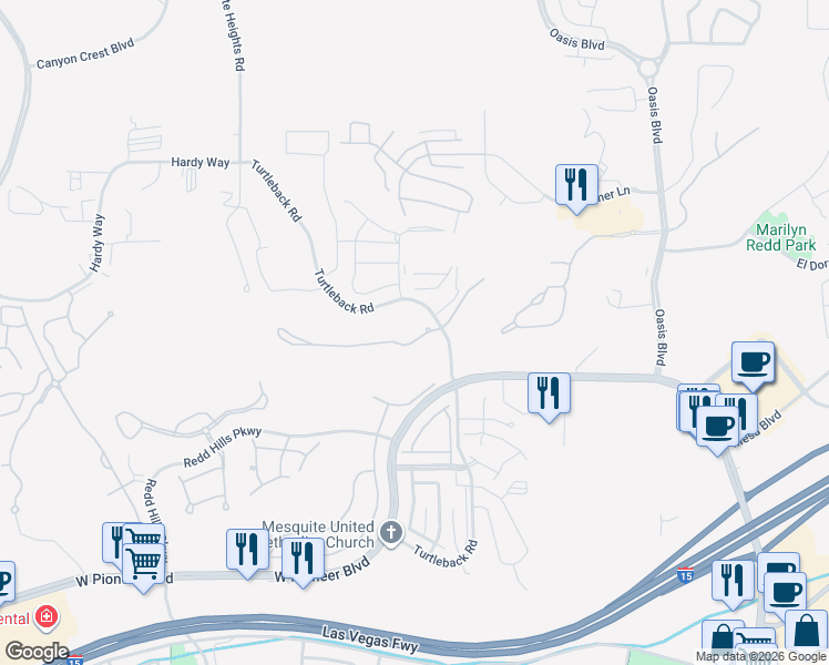 map of restaurants, bars, coffee shops, grocery stores, and more near 413 Via Ventana Drive in Mesquite