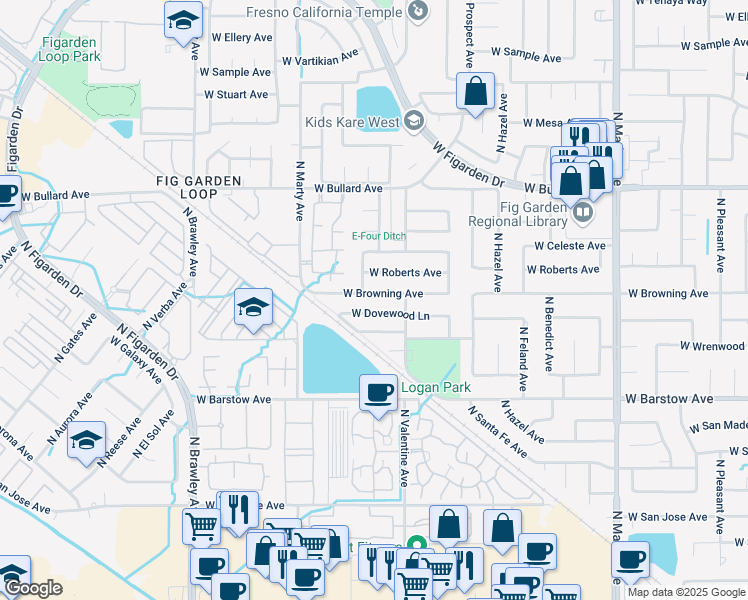 map of restaurants, bars, coffee shops, grocery stores, and more near 3473 West Browning Avenue in Fresno