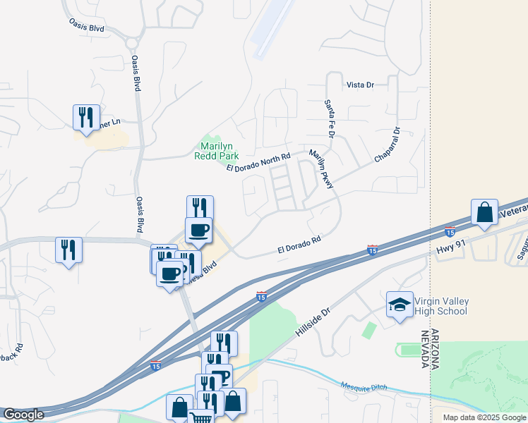 map of restaurants, bars, coffee shops, grocery stores, and more near 485 Mesa Boulevard in Mesquite