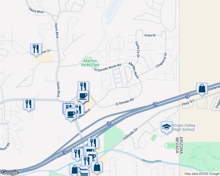 map of restaurants, bars, coffee shops, grocery stores, and more near 485 Mesa Boulevard in Mesquite