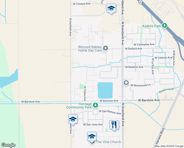 map of restaurants, bars, coffee shops, grocery stores, and more near 7296 West Browning Avenue in Fresno