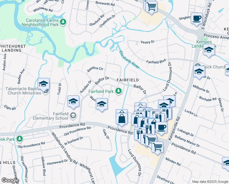 map of restaurants, bars, coffee shops, grocery stores, and more near 713 Rosaer Circle in Virginia Beach