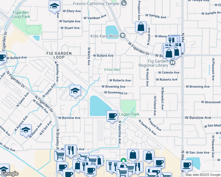 map of restaurants, bars, coffee shops, grocery stores, and more near 3495 West Browning Avenue in Fresno