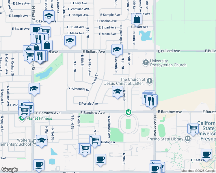 map of restaurants, bars, coffee shops, grocery stores, and more near 1496 East Almendra Drive in Fresno