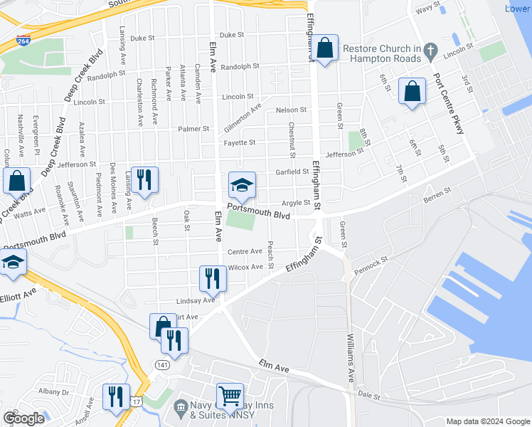 map of restaurants, bars, coffee shops, grocery stores, and more near 1012 Portsmouth Boulevard in Portsmouth