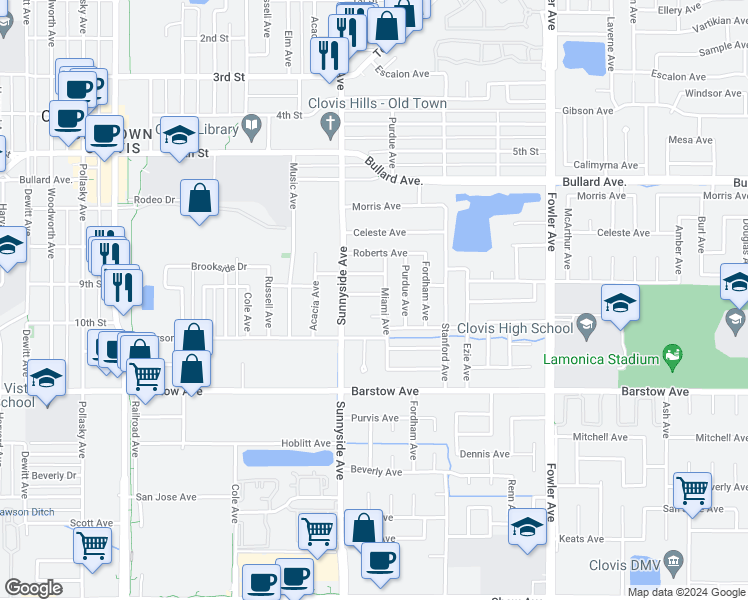 map of restaurants, bars, coffee shops, grocery stores, and more near 1466 Wrenwood Avenue in Clovis