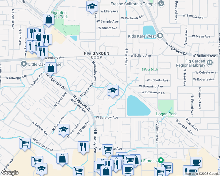 map of restaurants, bars, coffee shops, grocery stores, and more near 5619 North Avocado Lane in Fresno
