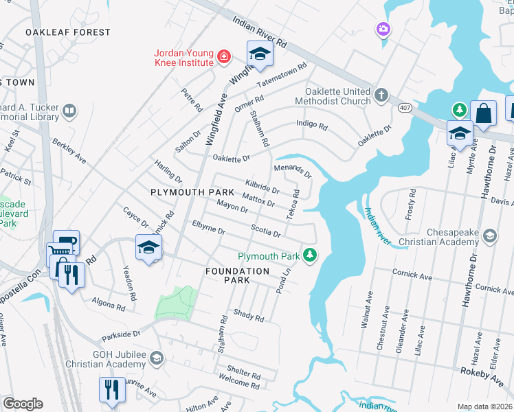 map of restaurants, bars, coffee shops, grocery stores, and more near 508 Stalham Road in Chesapeake