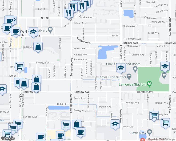 map of restaurants, bars, coffee shops, grocery stores, and more near 923 Purdue Avenue in Clovis