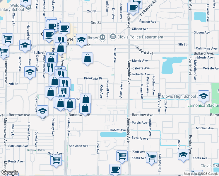 map of restaurants, bars, coffee shops, grocery stores, and more near 915 Russell Avenue in Clovis