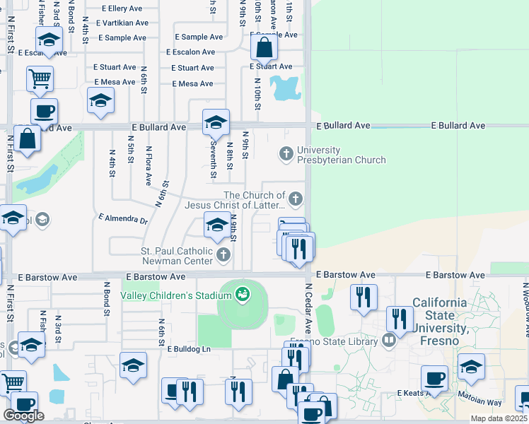 map of restaurants, bars, coffee shops, grocery stores, and more near 5582 North 10th Street in Fresno