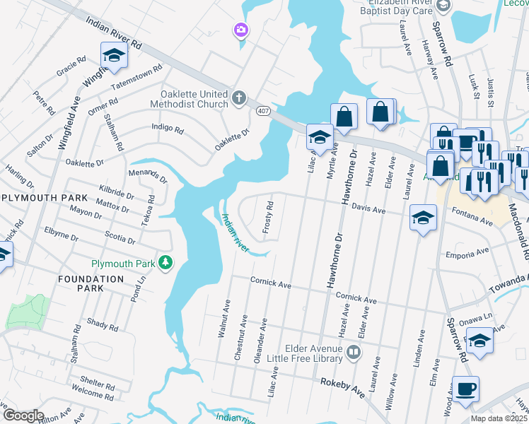 map of restaurants, bars, coffee shops, grocery stores, and more near 1206 Frosty Road in Chesapeake