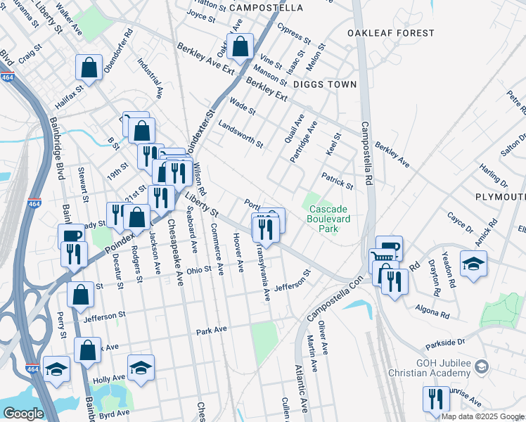 map of restaurants, bars, coffee shops, grocery stores, and more near 1001 Nelson Street in Chesapeake