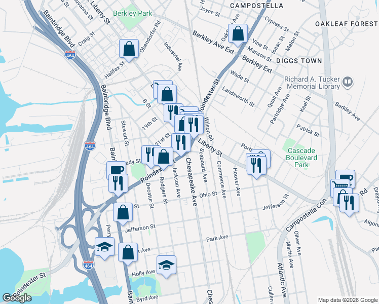 map of restaurants, bars, coffee shops, grocery stores, and more near 1408 Poindexter Street in Chesapeake