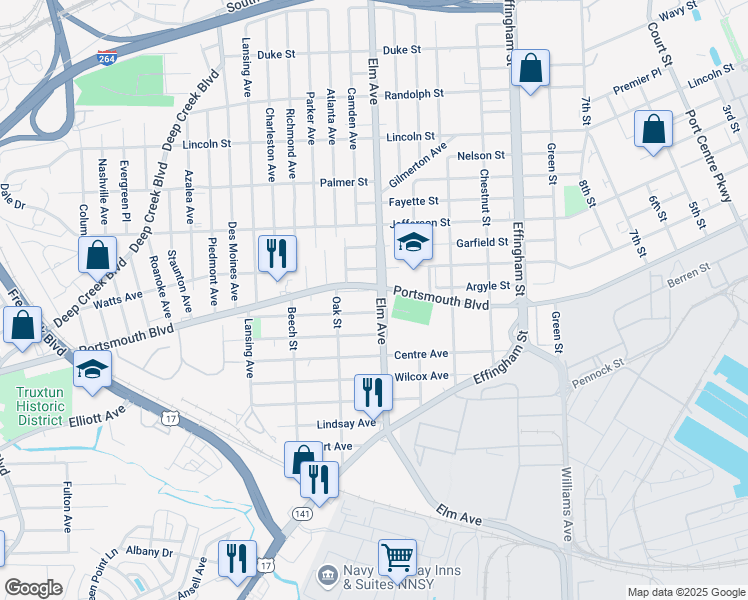 map of restaurants, bars, coffee shops, grocery stores, and more near 2602 Elm Avenue in Portsmouth