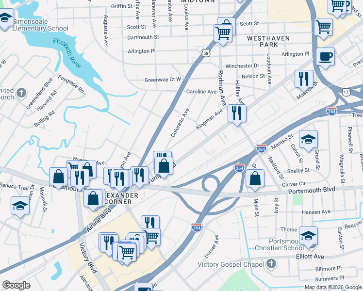 map of restaurants, bars, coffee shops, grocery stores, and more near 3820 Turnpike Road in Portsmouth
