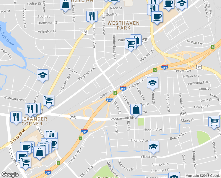 map of restaurants, bars, coffee shops, grocery stores, and more near 207 Choate Street in Portsmouth