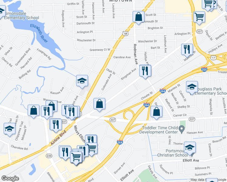 map of restaurants, bars, coffee shops, grocery stores, and more near 3820 Turnpike Road in Portsmouth