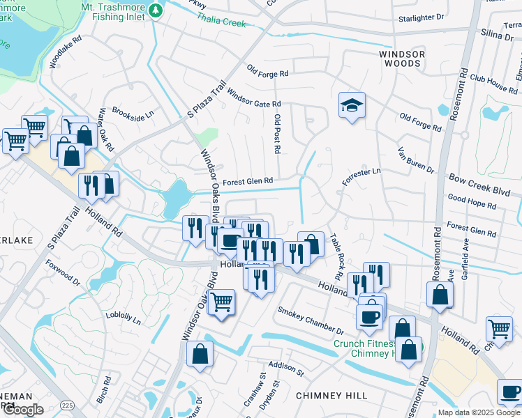 map of restaurants, bars, coffee shops, grocery stores, and more near 592 Registry Lane in Virginia Beach