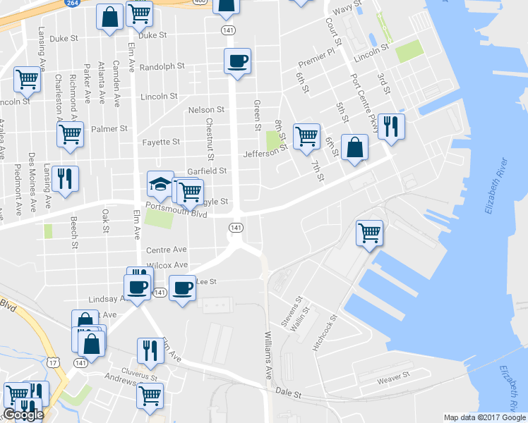 map of restaurants, bars, coffee shops, grocery stores, and more near 704 Portsmouth Boulevard in Portsmouth